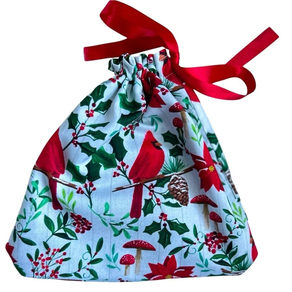 Hand Crafted Red Cardinals Holiday Festive Reusable Fabric Gift Bag
